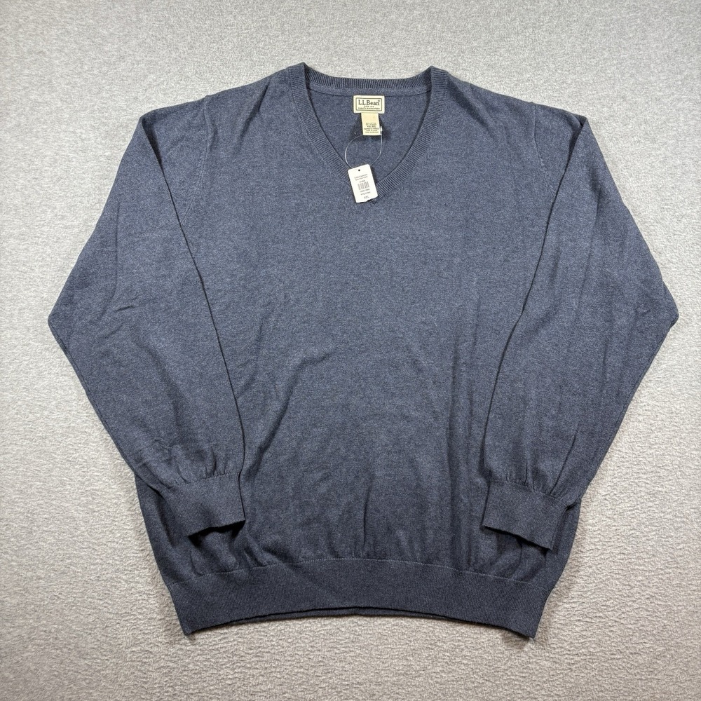 LL Bean Cashmere Cotton V-Neck Sweater Mens XXL Indigo Blue Pullover Cottage